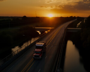 Red semi truck travels down highway at sunset.