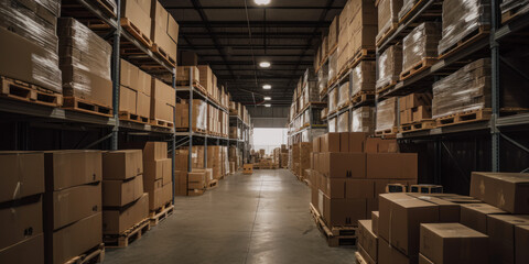 Warehouse industrial goods and supplies cardboard boxes or parcel with lot of inventory on it