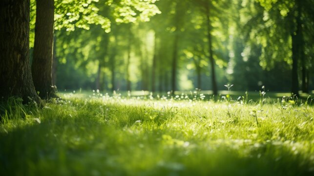 Serene forest clearing bathed in sunlight, bordered by tall, sturdy trees. Sunlit forest clearing with lush green grass and trees.