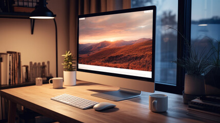 Fototapeta premium Modern workspace with computer displaying a scenic mountain view