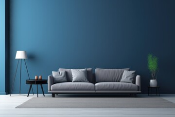 Modern living room with sofa, blue wall, and elegant decor.