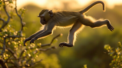 Monkey caught mid-leap, embodying freedom