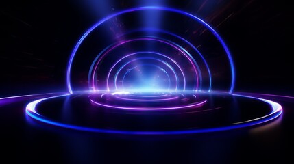 Futuristic abstract scene with neon glowing circles in a dark space.