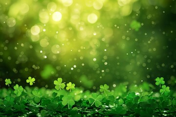 Abstract green blurred background with clovers and round bokeh for st patrick's day celebration - obrazy, fototapety, plakaty