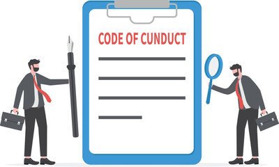 Code of conduct, ethical policy or rules, regulation or principles guideline for work responsibility, compliance document or company standard concept, businessman writing code of conduct document.

