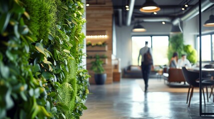 A modern, eco-friendly office environment promoting employee health, featuring a lush living green wall, natural light, and ergonomic furniture designed for comfort and productivity. - 731185693