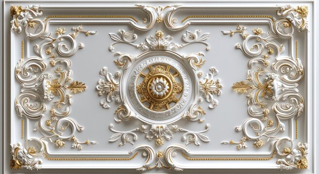 Fototapeta 3d wallpaper for ceiling with white golden decoration model. Victorian style and decorative frame background
