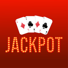 Jackpot red lighting font with poker casino game vector