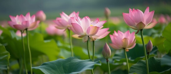 Obraz premium A natural landscape with pink lotus flowers blooming amidst green leaves and water, creating a beautiful scene of aquatic plants and herbaceous plants.