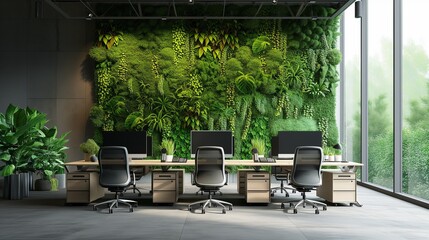 Modern eco-friendly office space featuring a lush living green wall, designed to promote employee wellness and environmental sustainability in the workplace.