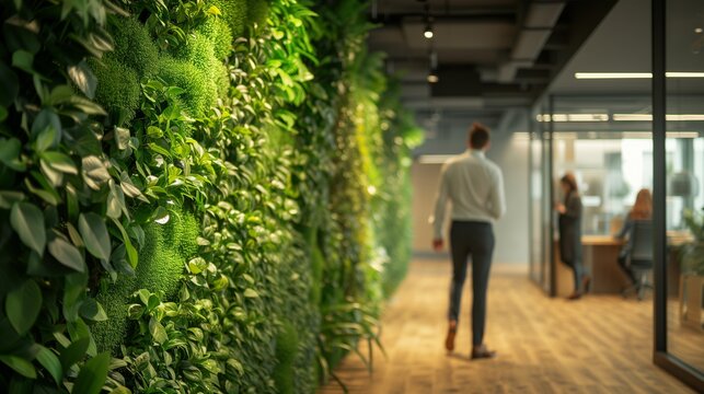 Modern eco-friendly office space featuring a lush living green wall, designed to promote employee wellness and environmental sustainability in the workplace.