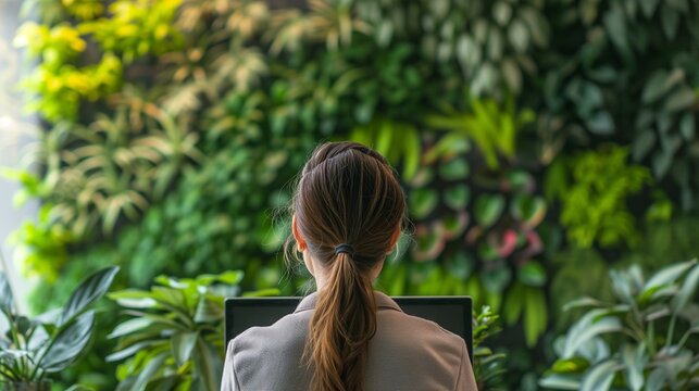 A tranquil office setting where an individual is seated at a minimalist desk, gazing at a vibrant green living wall, symbolizing a focus on employee mental health and eco-friendly workplaces.