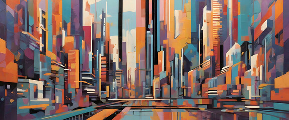 Background of cityscape with blocks,Vibrant abstract cityscape painting captures the lively spirit with explosive colors and dynamic shapes