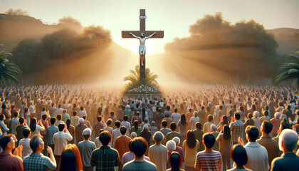 A large crowd of diverse people gathers in a field,attentively looking towards a radiant,light-beamed crucifix where Jesus is depicted,symbolizing a spiritual gathering or religious event.AI generated