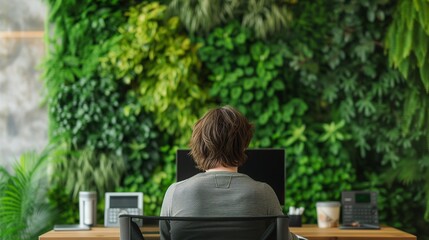A tranquil office setting where an individual is seated at a minimalist desk, gazing at a vibrant green living wall, symbolizing a focus on employee mental health and eco-friendly workplaces.