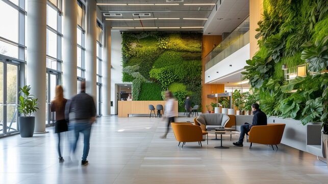 Modern eco-friendly office space featuring a lush living green wall, designed to promote employee wellness and environmental sustainability in the workplace.