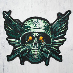 Embroidered patch skull in a helmet with assault rifles. Accessory for rockers, metalheads, punks,...