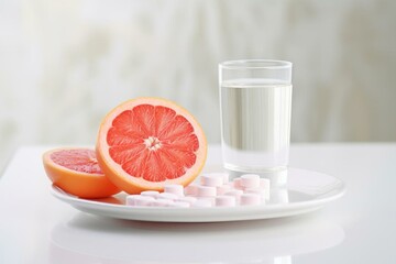 Vitamin C effervescent tablet in water with grapefruit on white board. Generative AI