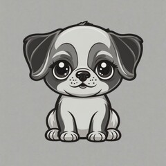 Black outline flat logo of a lovable little puppy with big eyes, rendered in vector illustration