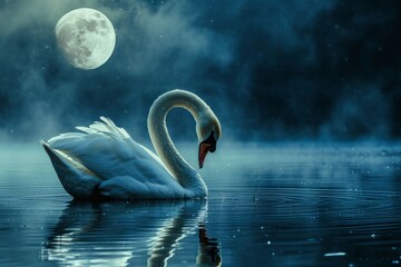 Swan swim in a calm lake at night against the backdrop of the full moon. Loneliness and sadness concept	
