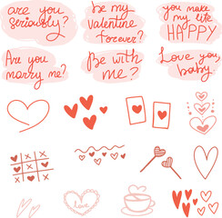 Hand drawn Valentines day sticker set, cartoon flat vector with lettering