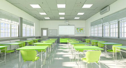 modern interior of a school classroom with green desks and chairs.