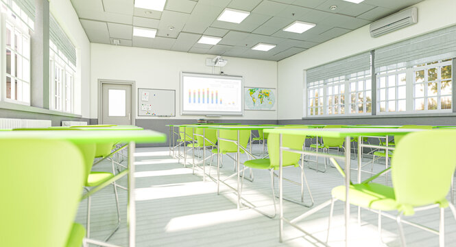 modern interior of a school classroom with green elements.