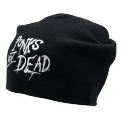 Black knitted cap with embroidered Punks not Dead inscription. Stylish accessory for parties and music festivals. Gift for rockers, punks, metalheads, bikers, goths.