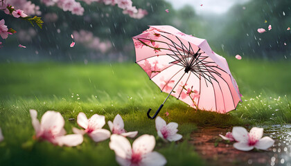 Women's umbrella with cherry blossom print on the background of a blooming garden and water, spring mood of cherry blossoms,