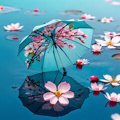 Women's umbrella with cherry blossom print on the background of a blooming garden and water, spring mood of cherry blossoms,