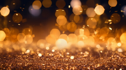 Gold and dark violet Fireworks and bokeh in New Year eve and copy space. Abstract background holiday glitters on ground --ar 16:9 Job ID: 8237625e-db6d-4933-9bbb-d0fc90e99546