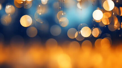 Fototapeta na wymiar Holiday Bauble Bokeh Lights in Shades of Orange and Gold, Blue Background 