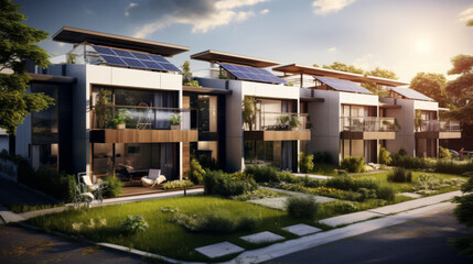Obraz premium Eco-Friendly Modern Homes Featuring Photovoltaic Cells 