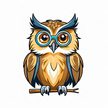 vector illustration, funny cheerful flat logo of an eagle owl with a magnifying glass, isolated on a white background, color children's drawing for children's book illustrations and stickers,