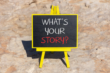 Fototapeta premium Storytelling what is your story symbol. Concept words What is your story on beautiful chalk blackboard. Beautiful red stone background. Business storytelling what is your story concept. Copy space.
