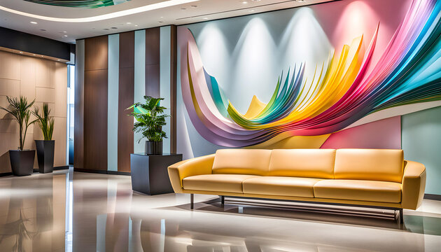 artistic and creative decor of office building lobby with soft chairs, giving creative motivation to creative studios, responsible image of business concept with copy space,