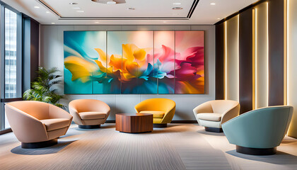 artistic and creative decor of office building lobby with soft chairs, giving creative motivation to creative studios, responsible image of business concept with copy space,