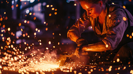 woman blacksmith works metal in the workshop.