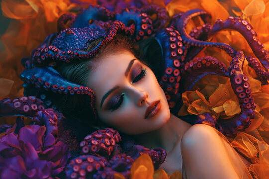 fashionable portrait of a woman with octopus tentacles on her head.