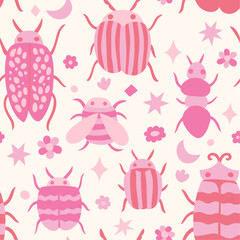 Seamless vector pattern with cute bugs, insect and floral elements. Doodle botanical summer background. - obrazy, fototapety, plakaty