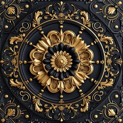 Victorian-style black and gold decorative 3D wallpaper for the ceiling with an ornate frame background.