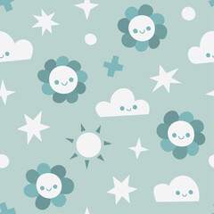 Cute childish seamless pattern with clouds, sun and stars. Vector hand-drawn elements. 