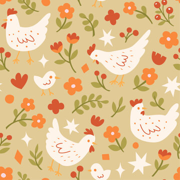 Cute seamless pattern with chickens and floral elements. Vector illustration with cartoon drawings for print, fabric, textile.