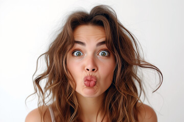 A young brunette funny woman with a strong kiss mouth expression and eyes wide. - obrazy, fototapety, plakaty