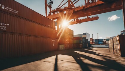 sunlight coming through cargo containers in a commercial harbour
