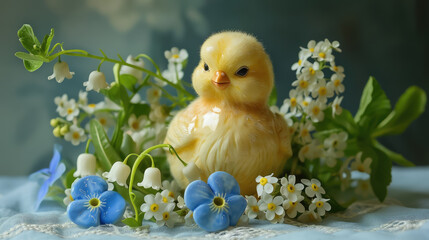 little cute yellow chick, Easter symbol, bird, spring, beak, feathers, animal, nature, blue flowers, toy, ceramic figurine
