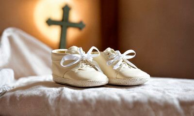 baby booties and a cross for baptism. Selective focus. - obrazy, fototapety, plakaty