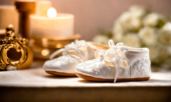 baby booties and a cross for baptism. Selective focus.