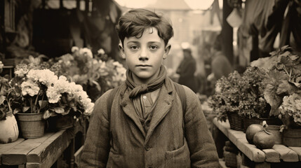Black and White Portrait of Young Boy in Victorian Era Market
