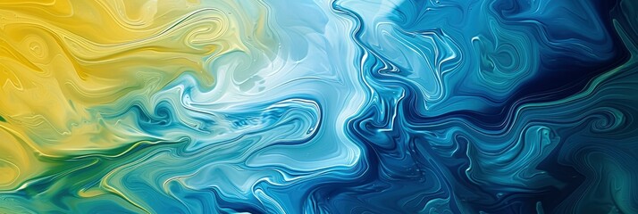 Fluid Abstract Background with Blue, Yellow, and White Swirls Overlaying Dark Blue and Green Abstraction Lines